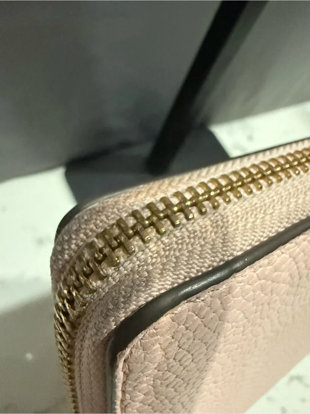 Tory Burch Blush Pink Pebbled Leather Zip Wallet with Gold Logo